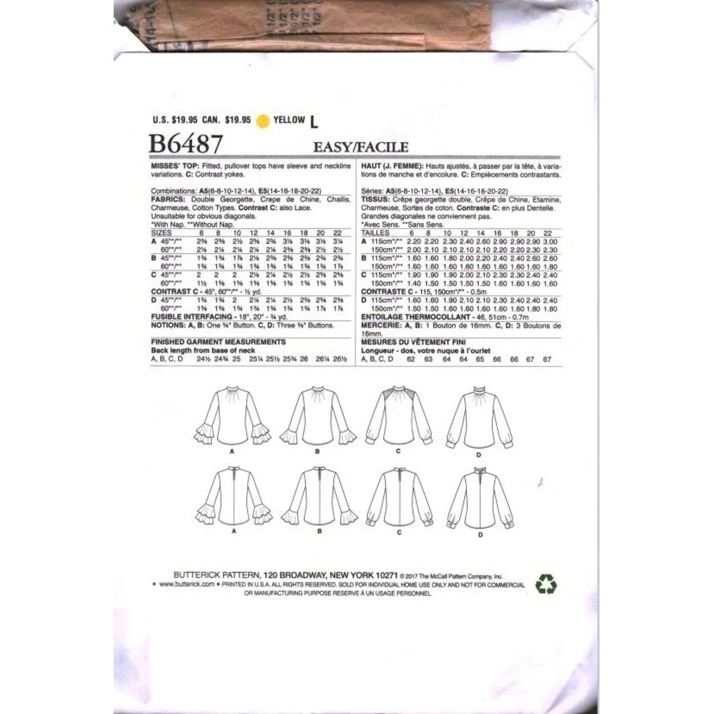 Butterick B6487 Sewing Pattern Misses Tops Blouse Bell Sleeve Size 14-16 E5